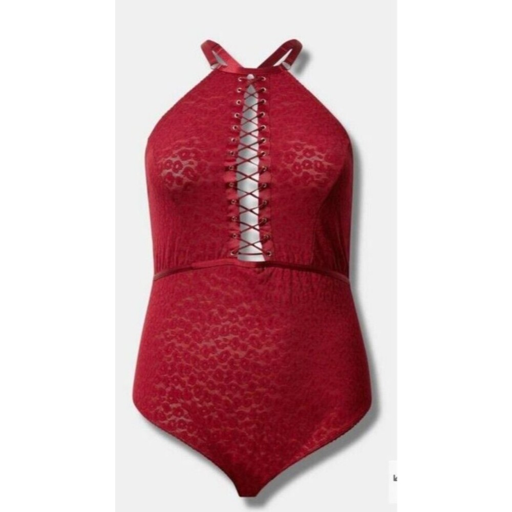 NWT Torrid 0, L Red Animal Lace Up Halter Bodysuit